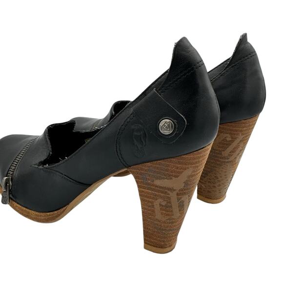 London Underground Black Leather Detailed Zipper Chunky Block Heel Trendy Pumps - Picture 8 of 10